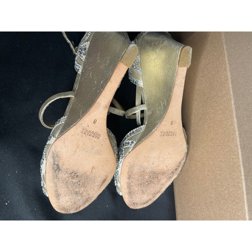 Badgley Mischka Gold Leather Crystal Embellished Wedge Sandals Womens 8 Formal - Picture 6 of 9